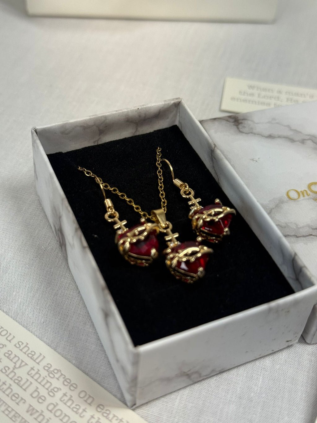 Woman's Red Cubic Heart Necklace & Earrings.