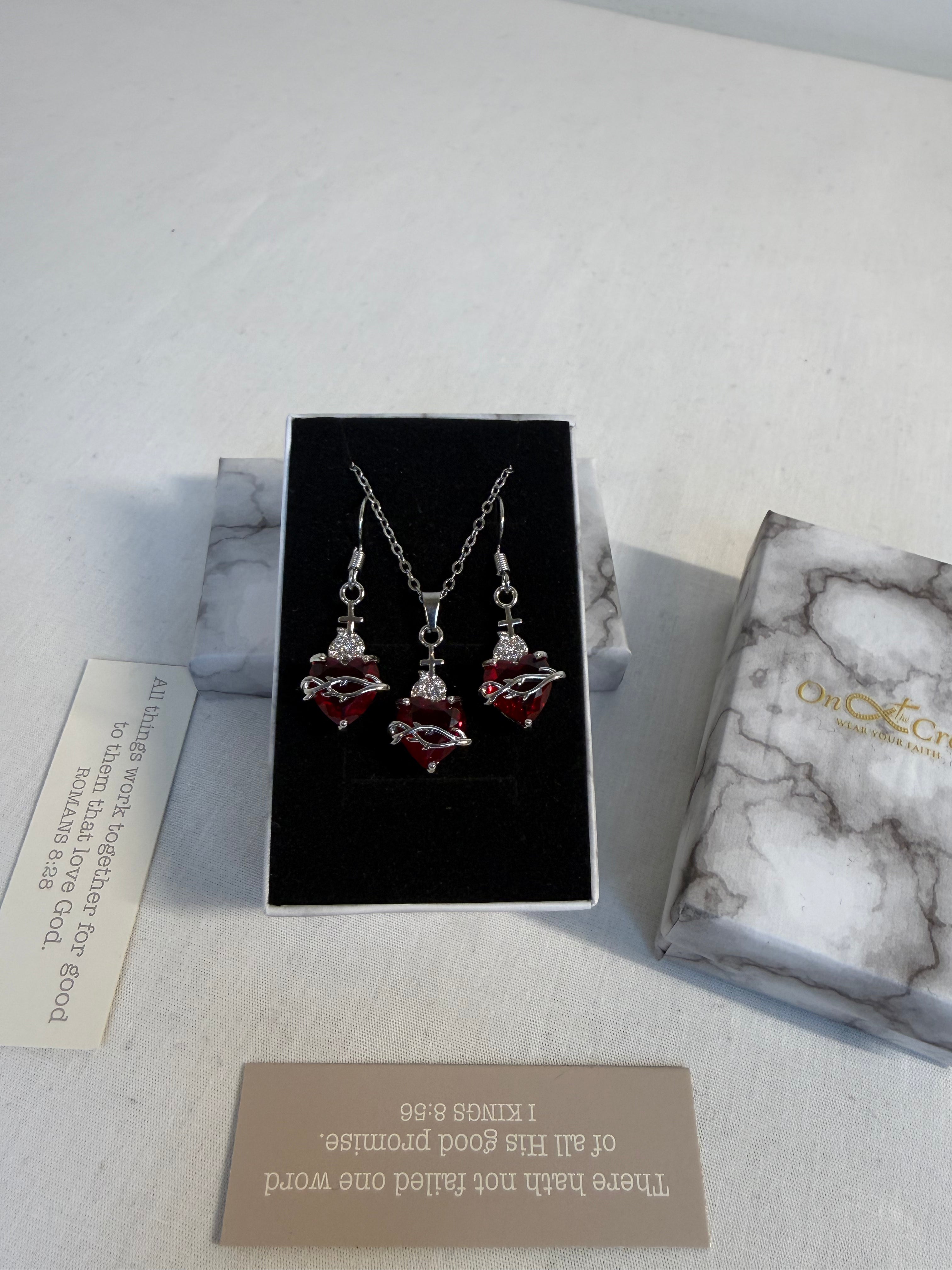 Woman's Red Cubic Heart Necklace & Earrings.