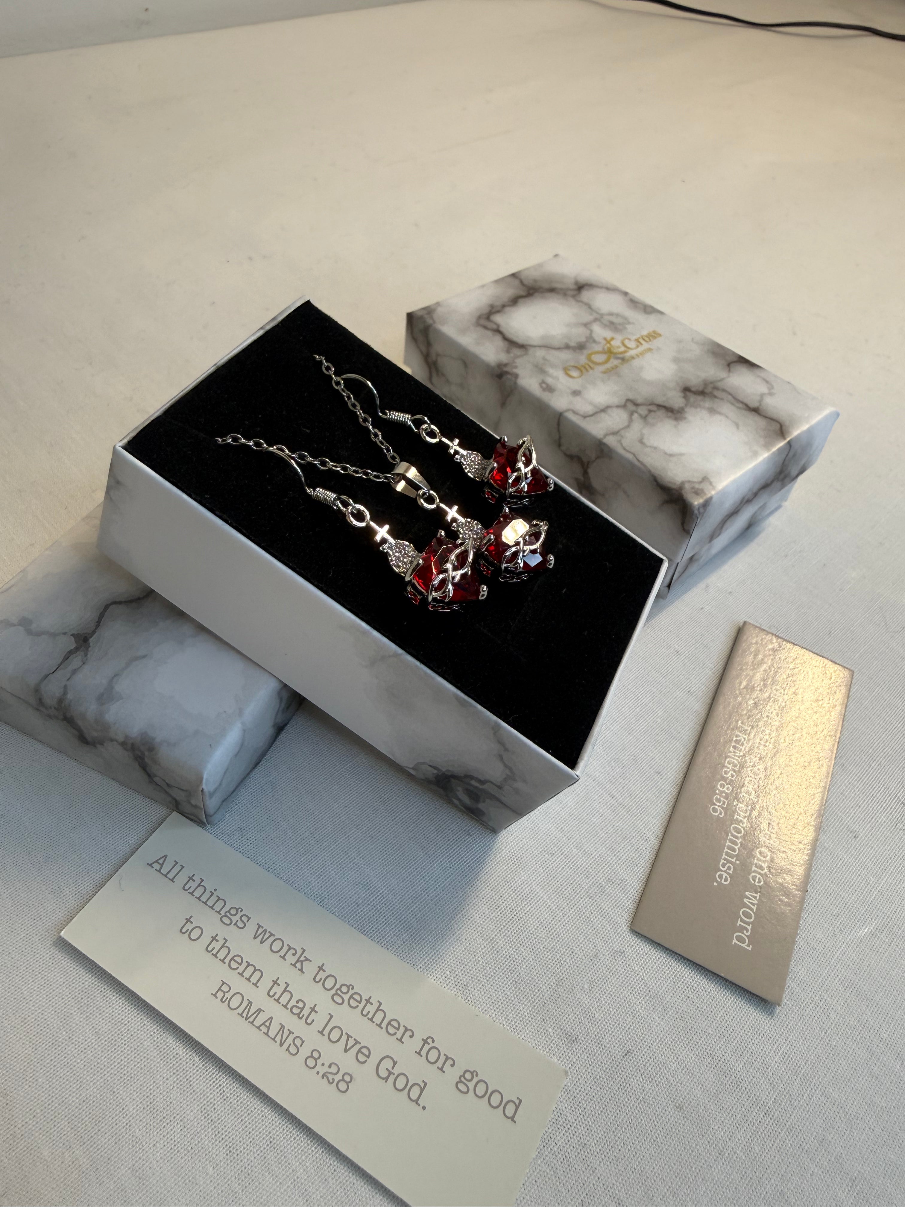 Woman's Red Cubic Heart Necklace & Earrings.