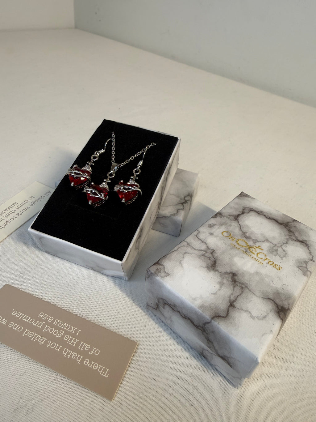 Woman's Red Cubic Heart Necklace & Earrings.