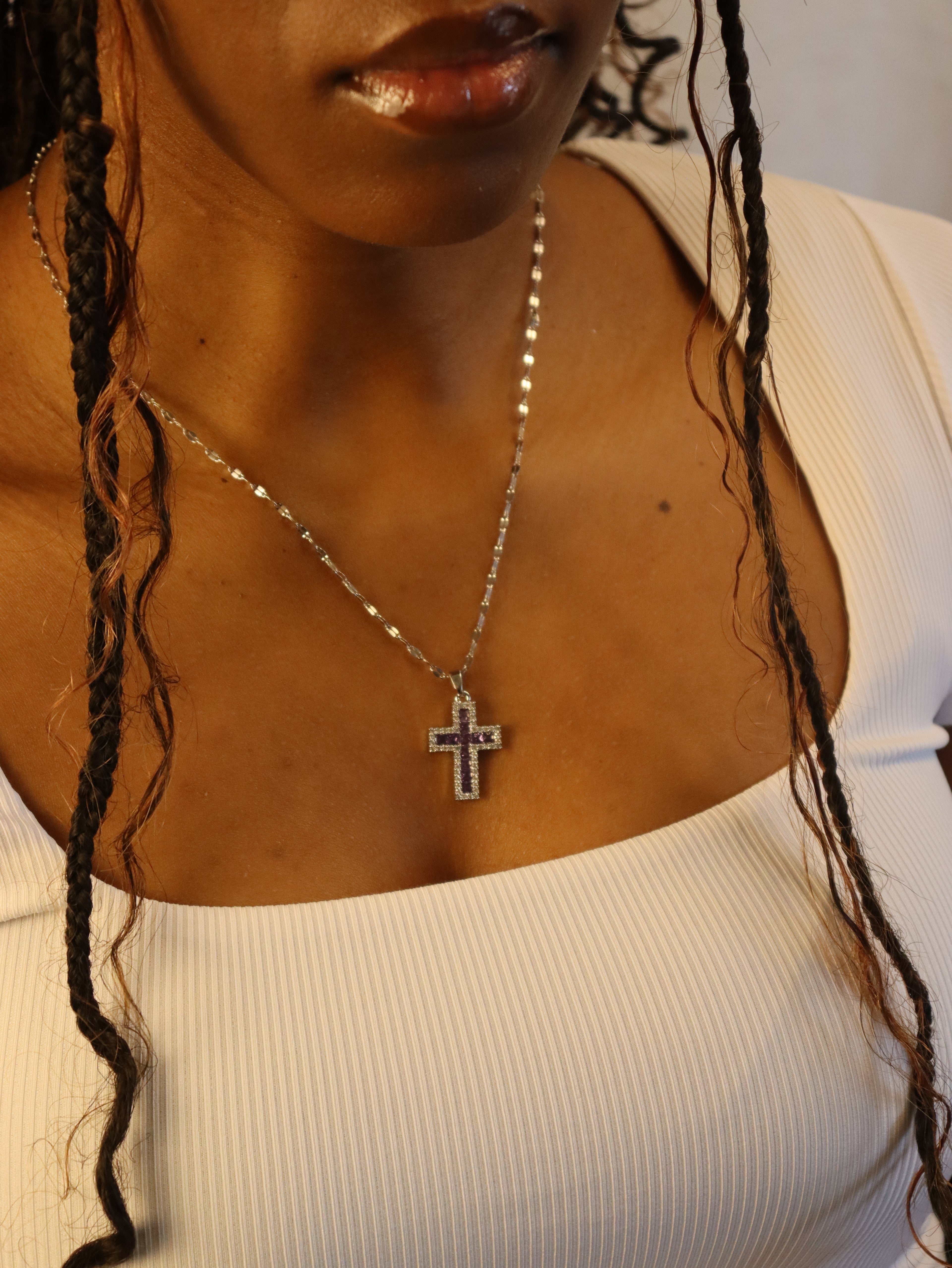 Purple Diamond Cross Pendant Necklace